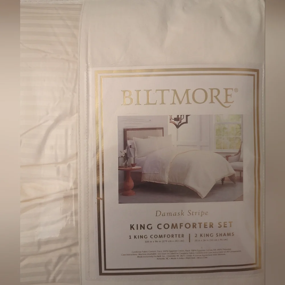 Biltmore damask Stripe Egyptian Cotton Ivory Comforter Set And 2 King Shams New